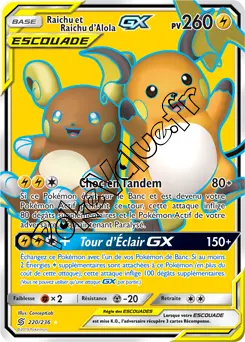 Carte Pokémon Raichu et Raichu d’Alola GX n°220 de la série Harmonie des Esprits